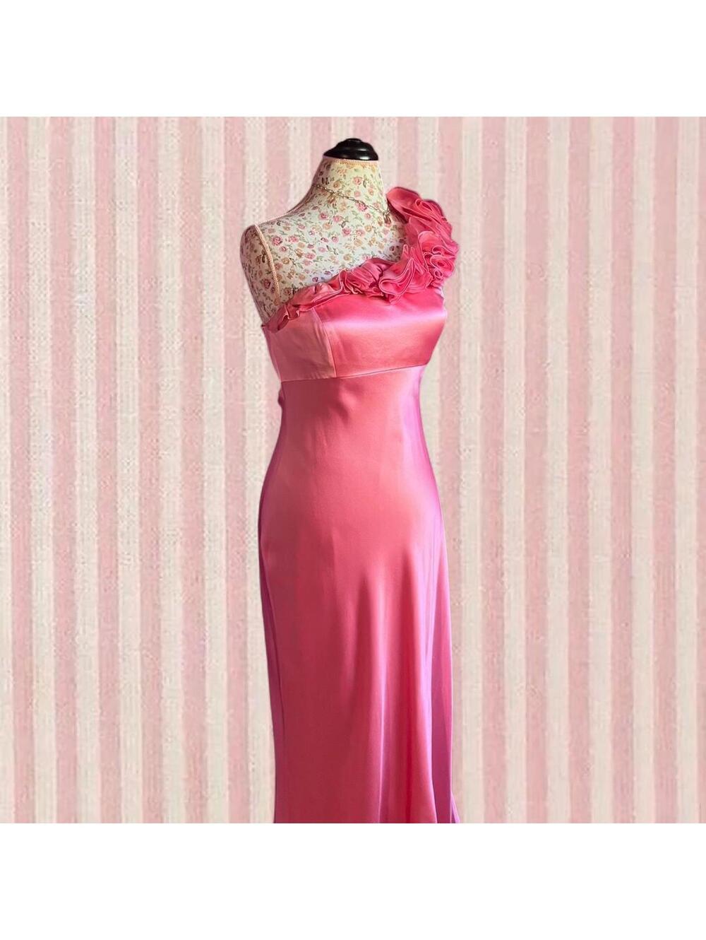 silk pink floor length dress with floral ruffles - Picture 5 of 8